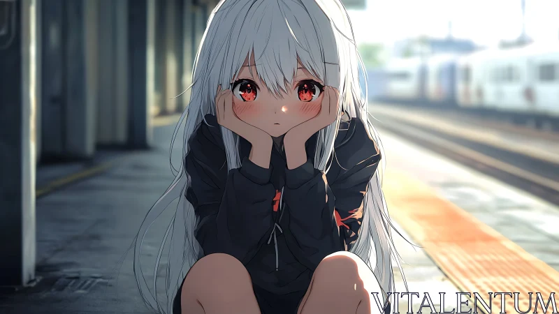 Melancholic anime girl waits alone on sunlit train platform