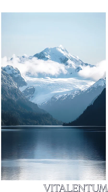 Snowcapped mountain above calm lake with low white clouds.