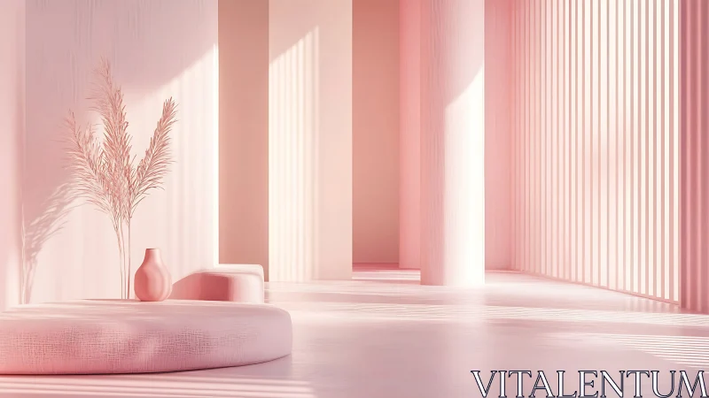 Soft pink minimalist interior shows columns and vase
