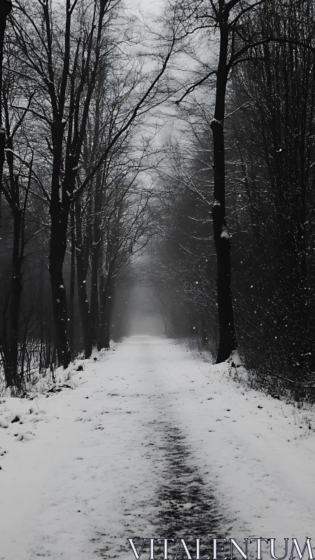 Snowy forest path vanishes into silent winter fog.