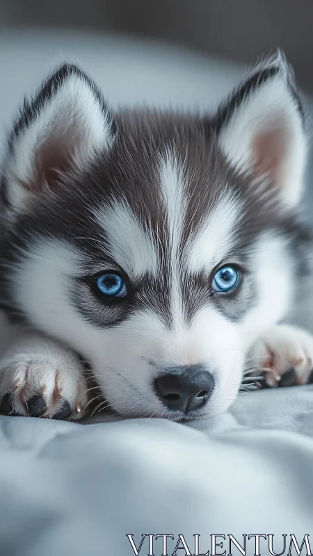 Bright blue-eyed husky puppy resting in a cozy soft bed.