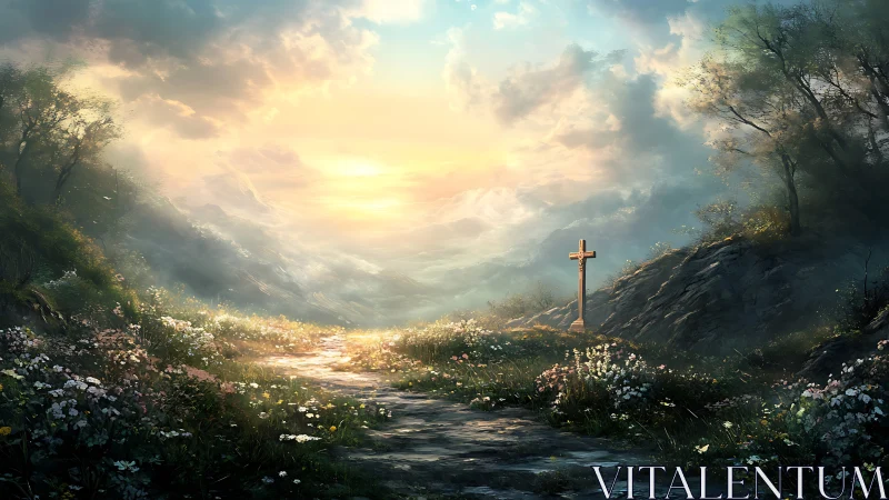 Sunlit mountain path of wildflowers and quiet remembrance.