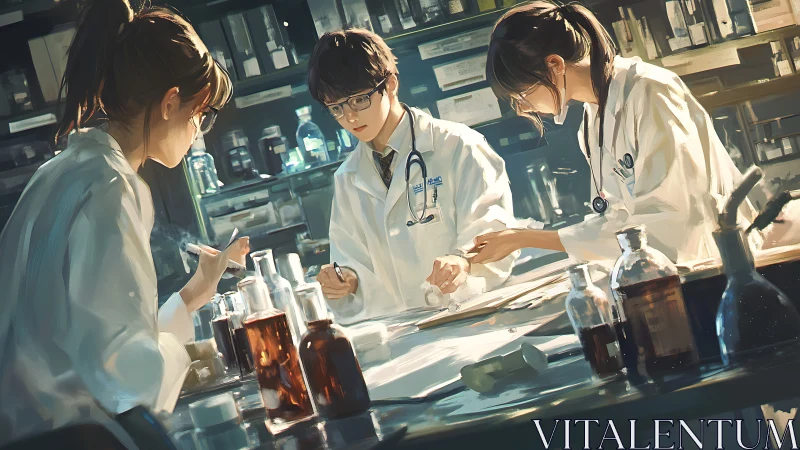 Medical researchers in lab coats working at busy lab table.