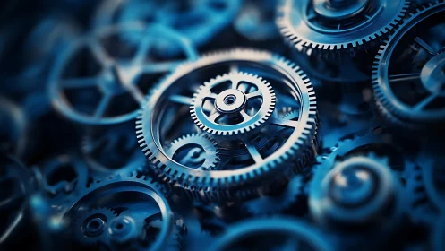 Interlocking metallic gear wheels in close mechanical configuration.