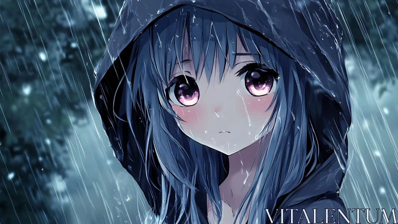 Soft-eyed girl in the rain wrapped in a quiet blue hood.