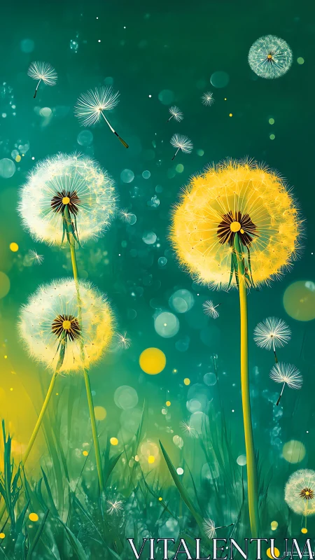 Dandelion seed heads in teal field with floating seeds.