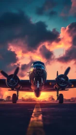 Twin radial engine vintage bomber on runway at vivid sunset