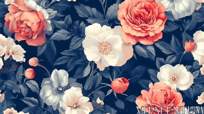 Botanical floral arrangement with coral and white blooms on navy background.