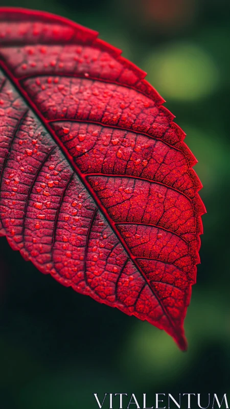 Macro study of crimson serrated leaf with dewdrops, bokeh field