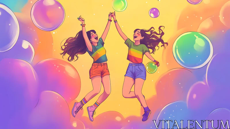 Two women jumping celebrating with rainbow bubbles on yellow background