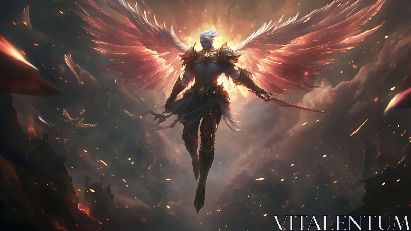 Armored seraph warrior with flaming wings in apocalyptic sky