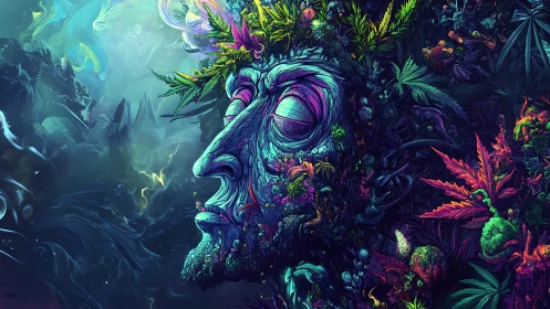 Psychedelic bioluminescent face-landscape in vegetative immersion.