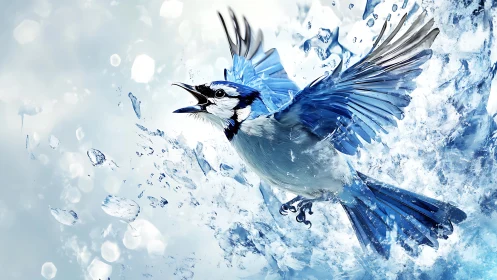 Blue Jay in Motion with Water and Ice Elements.