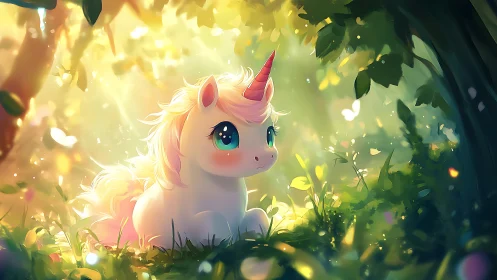 Small pastel unicorn rests in bright forest clearing