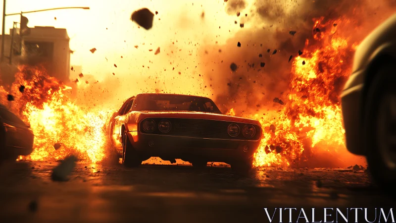 Muscle car surrounded by explosive fire and debris in urban setting.