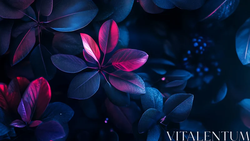 Neon magenta leaves glow against deep cyan foliage background