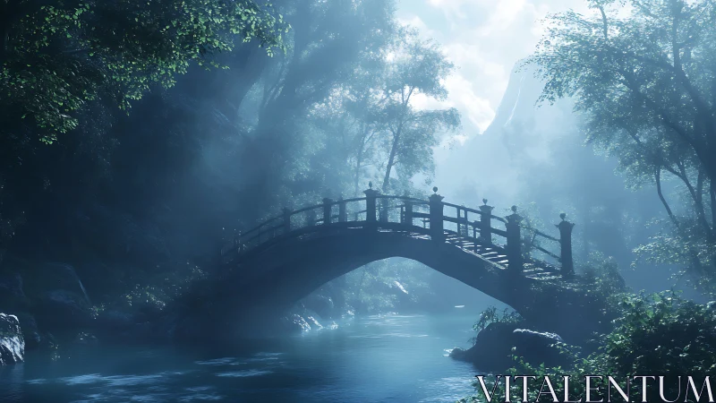 Wooden footbridge over misty forest river at daylight.