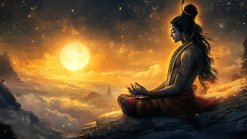 Celestial yogi sits in glowing moonlit mountain silence