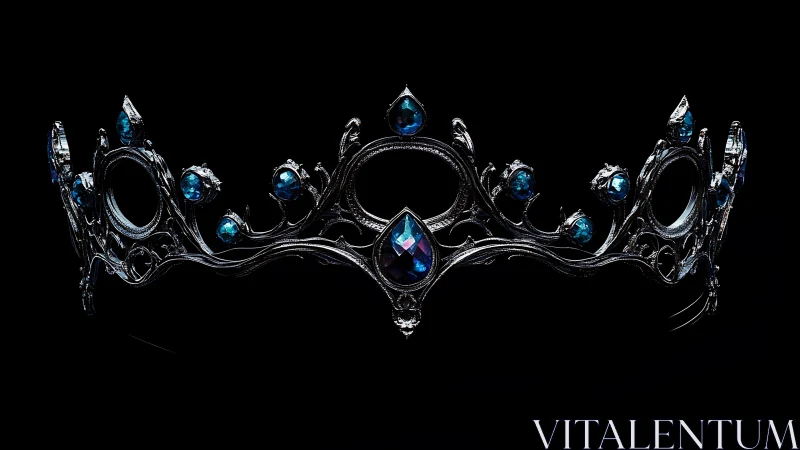 Ornate silver tiara holds deep blue gemstones on black background