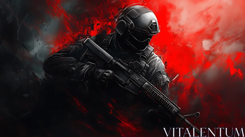 Armored soldier in red-black digital combat abstraction.