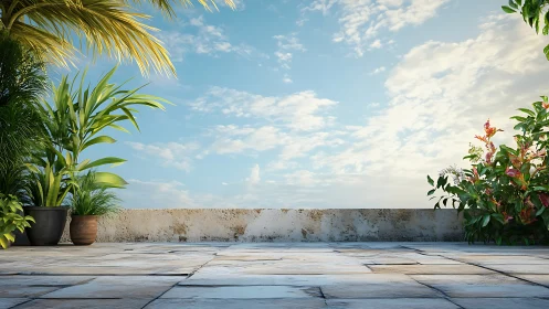 Sunlit terrace horizon framed by lush, daydreaming plants.