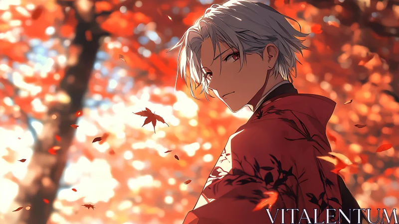 Silver-haired youth stands under blazing autumn maple light