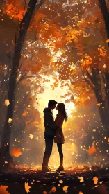 Couple kissing under autumn canopy with falling leaves.
