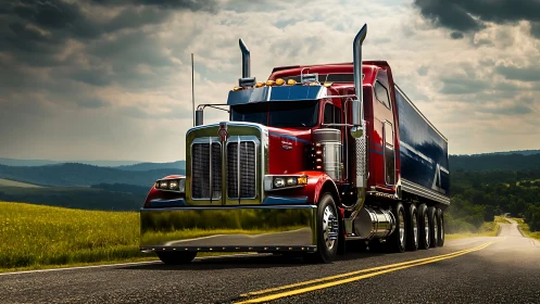 Red semi-truck hauling trailer on rural highway landscape.