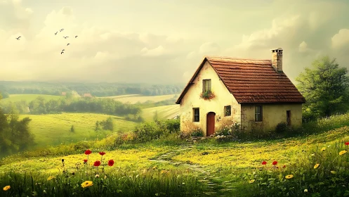Country cottage in yellow meadow under hazy daylight.