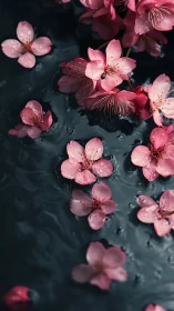 Pink Blossoms Floating on Dark Water Surface with Dewdrops