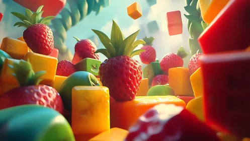 Sunlit 3D strawberries float among vivid candy blocks