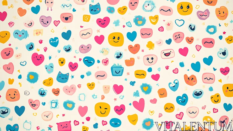 Patterned field of stylized emoji faces and heart icons.