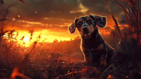 Backlit dachshund study under volumetric sunset illumination.