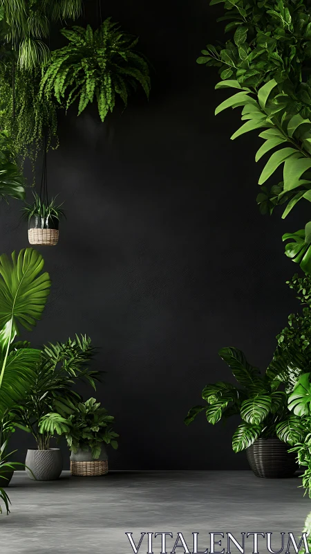 Photorealistic vertical garden against matte black wall backdrop.