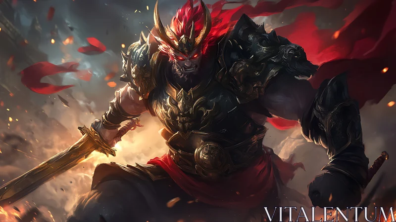 Fierce demon warlord charging through glowing stormfire.