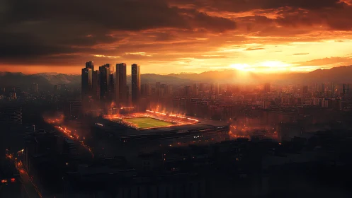 Sunlit city stadium glowing gently under a fiery sunset.