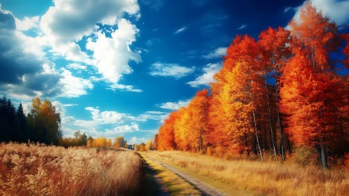 Autumn forest path under vivid blue sky with clouds.