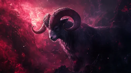 Celestial ram strides through glowing crimson nebula field