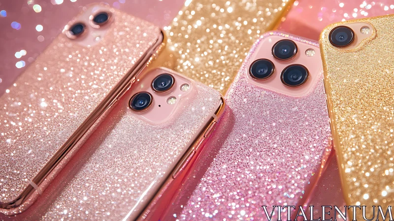 Glitter smartphone array in warm bokeh studio lighting setup.