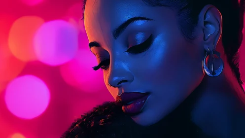 Neon-lit portrait captures contemplative woman in profile.