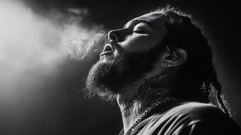 Monochrome portrait with exhaled vapor and rim lighting.