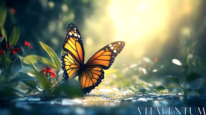 Digital painting of monarch butterfly in luminous forest glade.