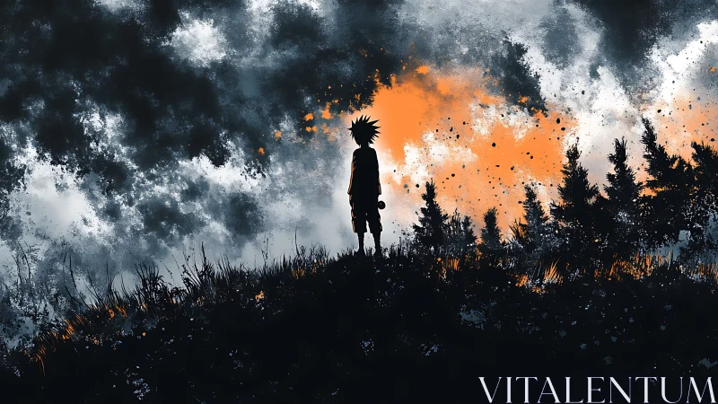Stormlit silhouette boy quietly rewrites the burning sky