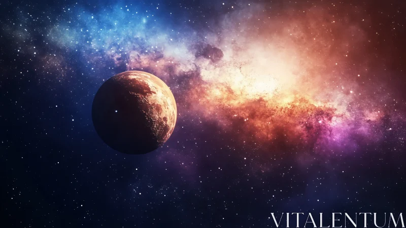 Lonely ember planet drifts beside a blazing galactic river