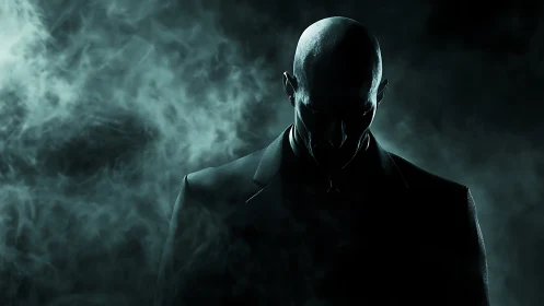 Silhouetted bald figure stands in dense illuminated smoke