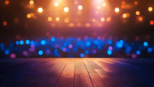 Empty stage floor is lit by defocused multicolor lights