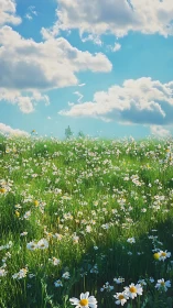 Daydreaming daisies under a slow parade of cotton clouds.
