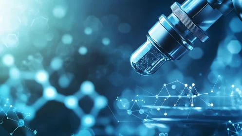 Photorealistic lab microscope with molecular network overlay.
