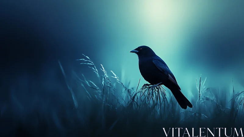 Dark Raven Perched Among Twilight Reeds: Atmospheric Digital Study.