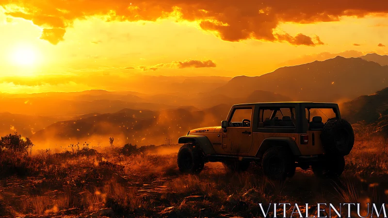 Off-road SUV parked on sunlit mountain terrain at sunset